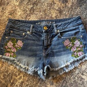 American Eagle Outfitters Pink and Blue Jean Shorts with Floral Embroidery